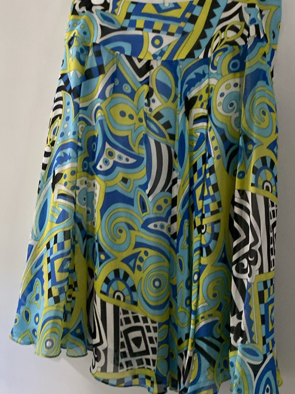Anne Klein Blue, Lime & Black Graphic Circle Silk Skirt